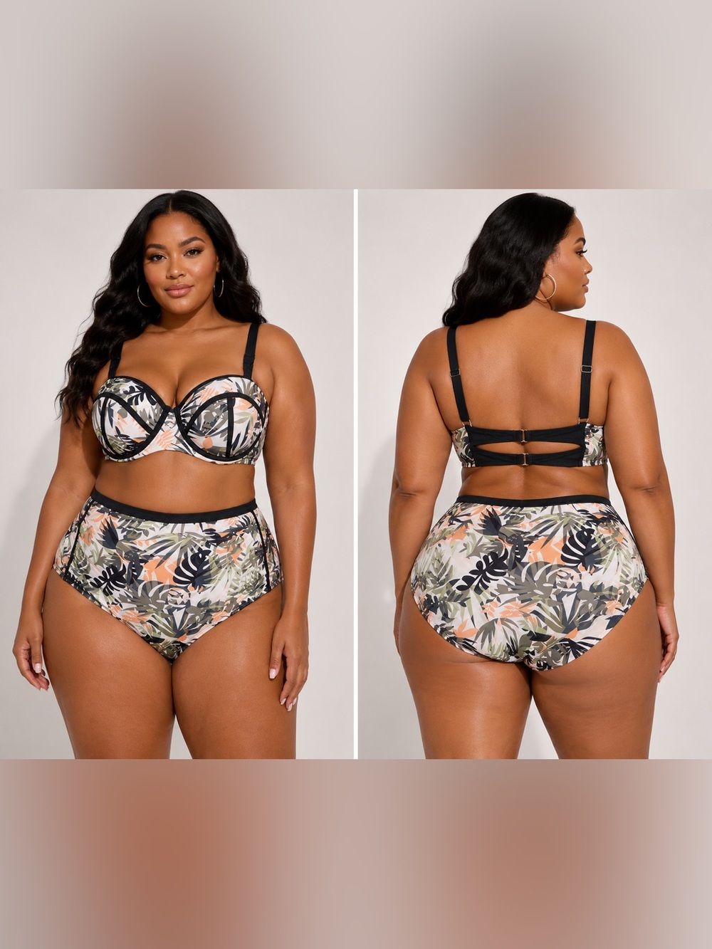 Plus Tropical Leaf Underwire Bikini Top and High Waist Bottoms - Multi